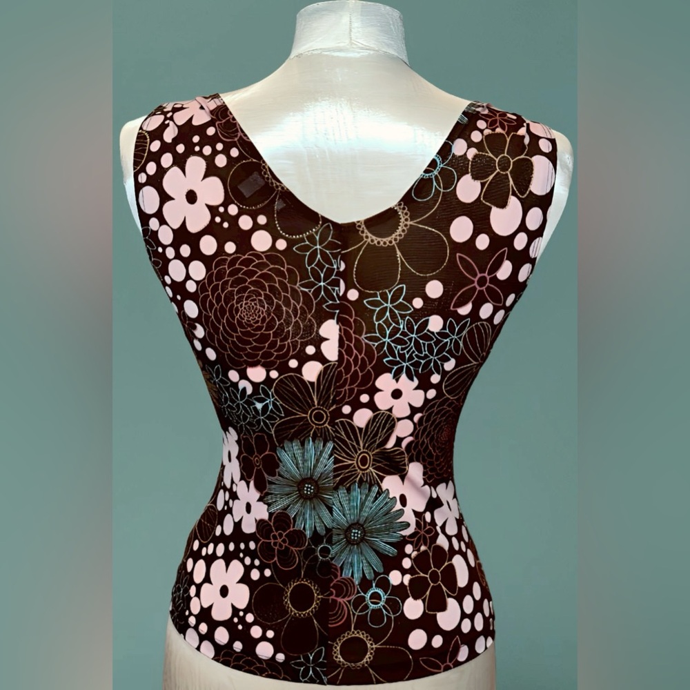 2001 Rare Y2K Top Bohemian Design Brown, Teal, Pink, Metallic Stretchy Small